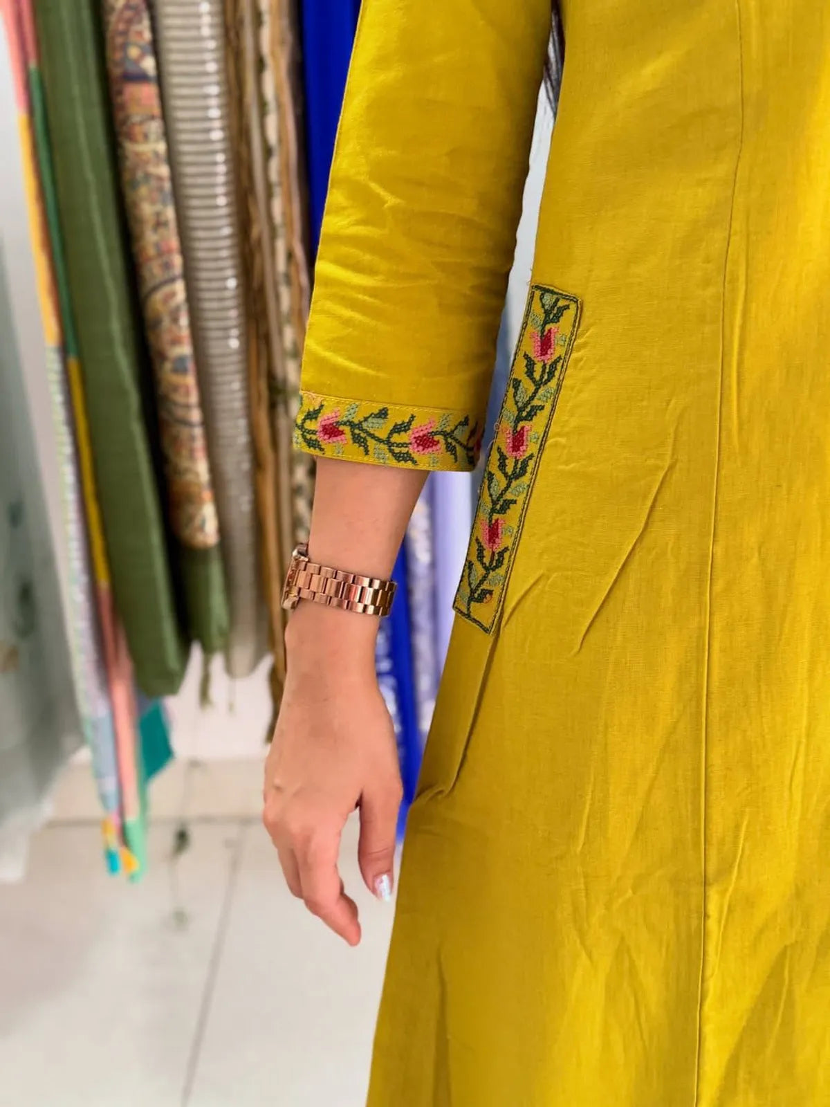 Jaipuri Mustard Yellow Embroidered Kurta Pant Set for Women