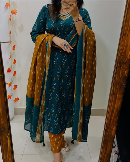 Teal And Mustard Ikat Print Suit Set
