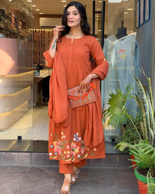 Rust Orange Floral Kurta Set with Dupatta