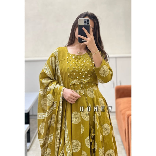 Mustard Yellow Mirror Work Anarkali Suit Set