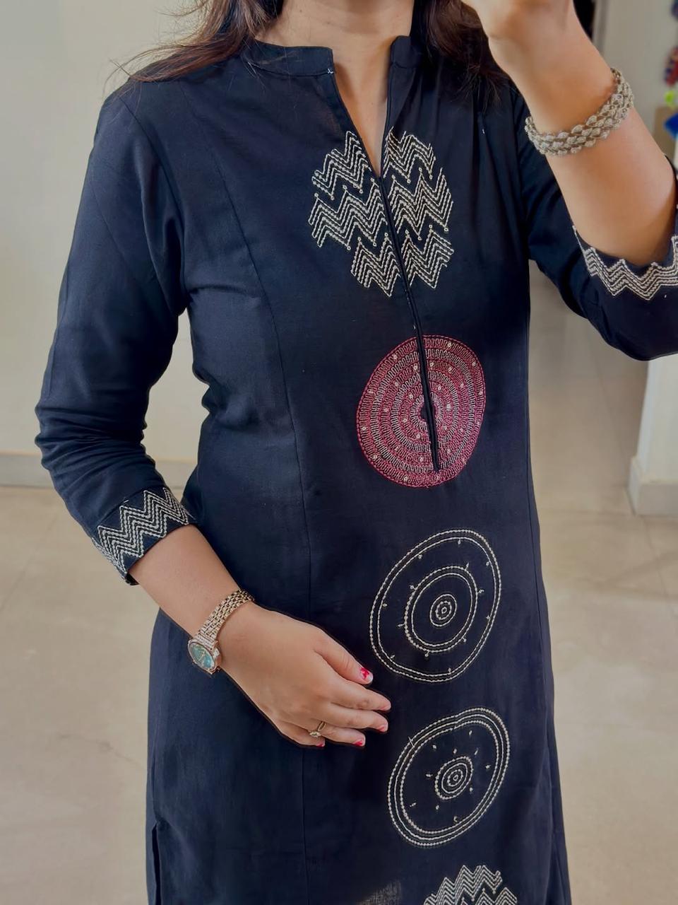 Elegant Navy Blue Cotton Kurta with Geometric Embroidery Detailing