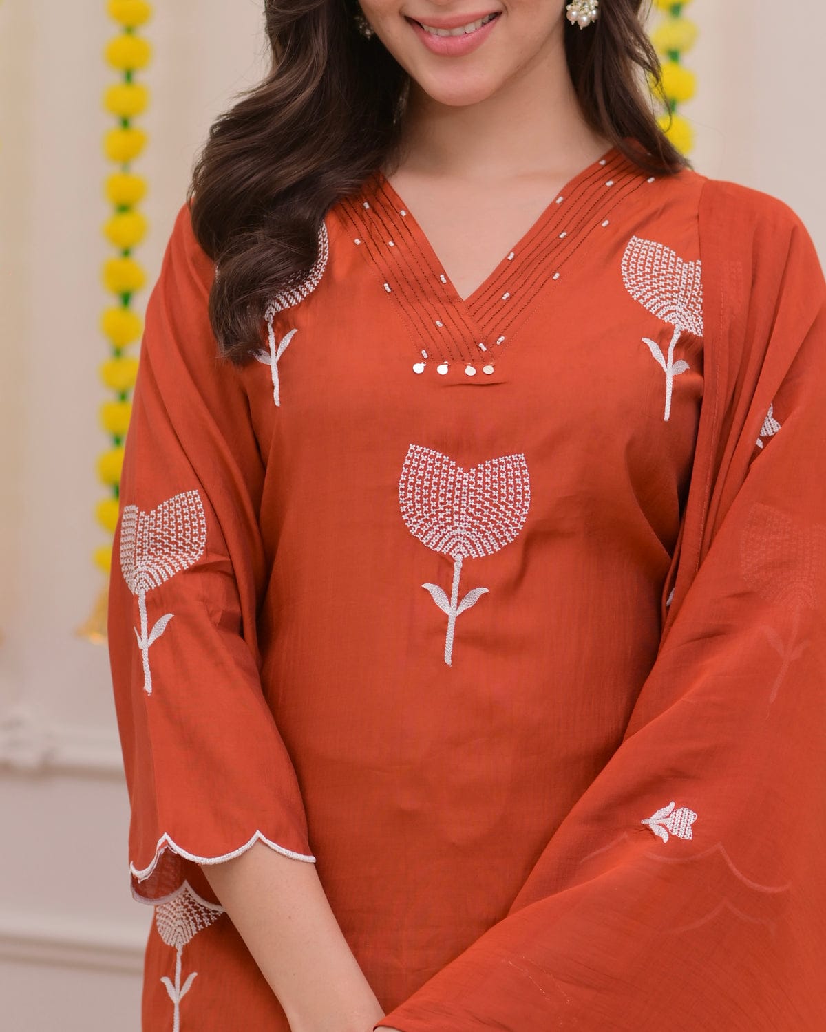 Rust Orange Floral Embroidered Cotton Suit Set