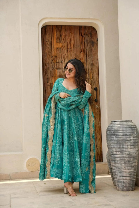 Teal Bandhej Anarkali Suit Set with Embellished Dupatta