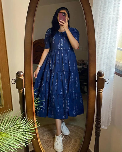 Jaipuri Fashion Blue Ikat Cotton Flair Middy Gown For Women