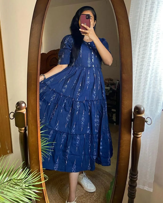 Jaipuri Fashion Blue Ikat Cotton Flair Middy Gown For Women