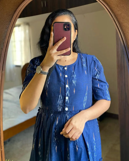 Jaipuri Fashion Blue Ikat Cotton Flair Middy Gown For Women