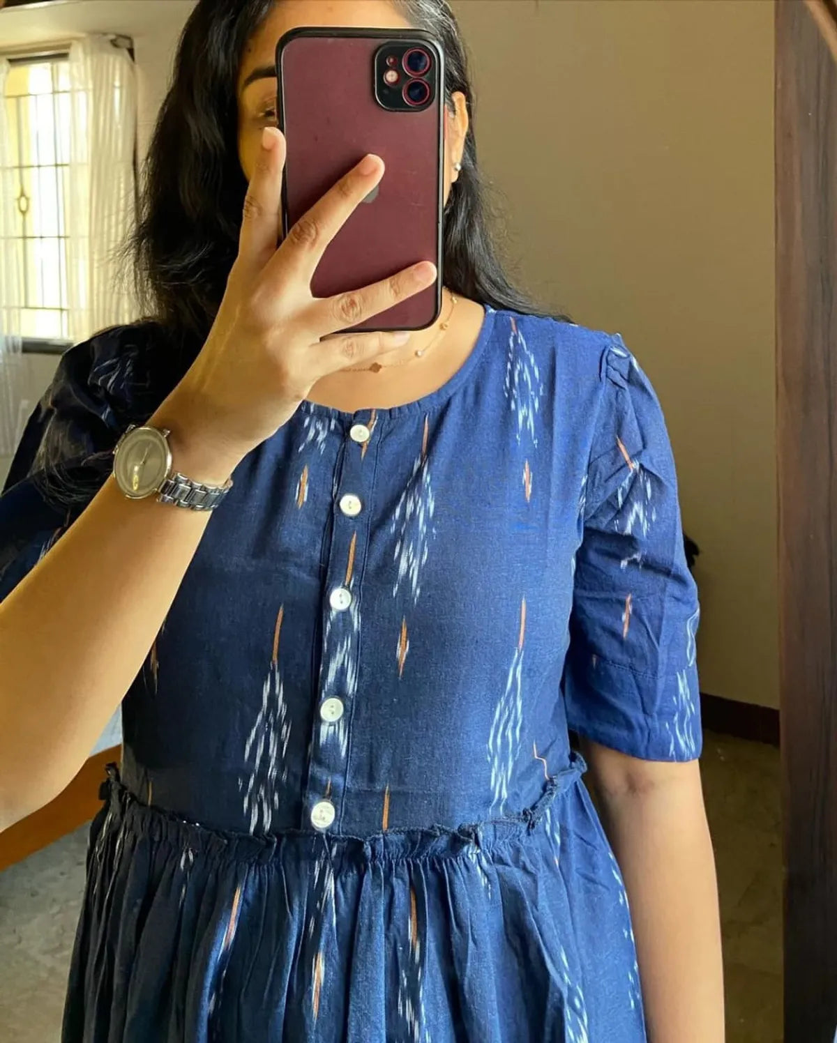 Jaipuri Fashion Blue Ikat Cotton Flair Middy Gown For Women