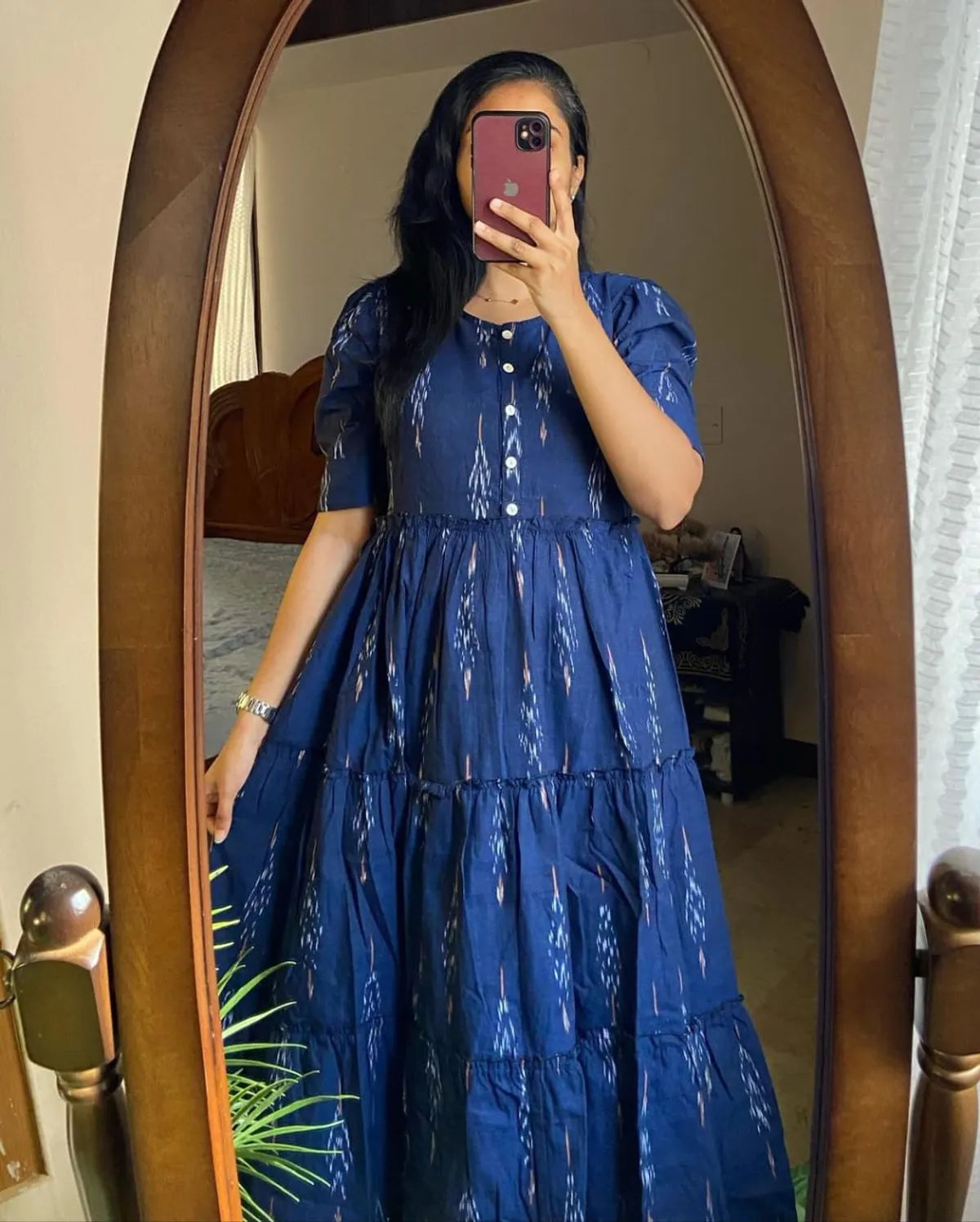 Jaipuri Fashion Blue Ikat Cotton Flair Middy Gown For Women