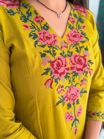 Jaipuri Mustard Yellow Embroidered Kurta Pant Set for Women