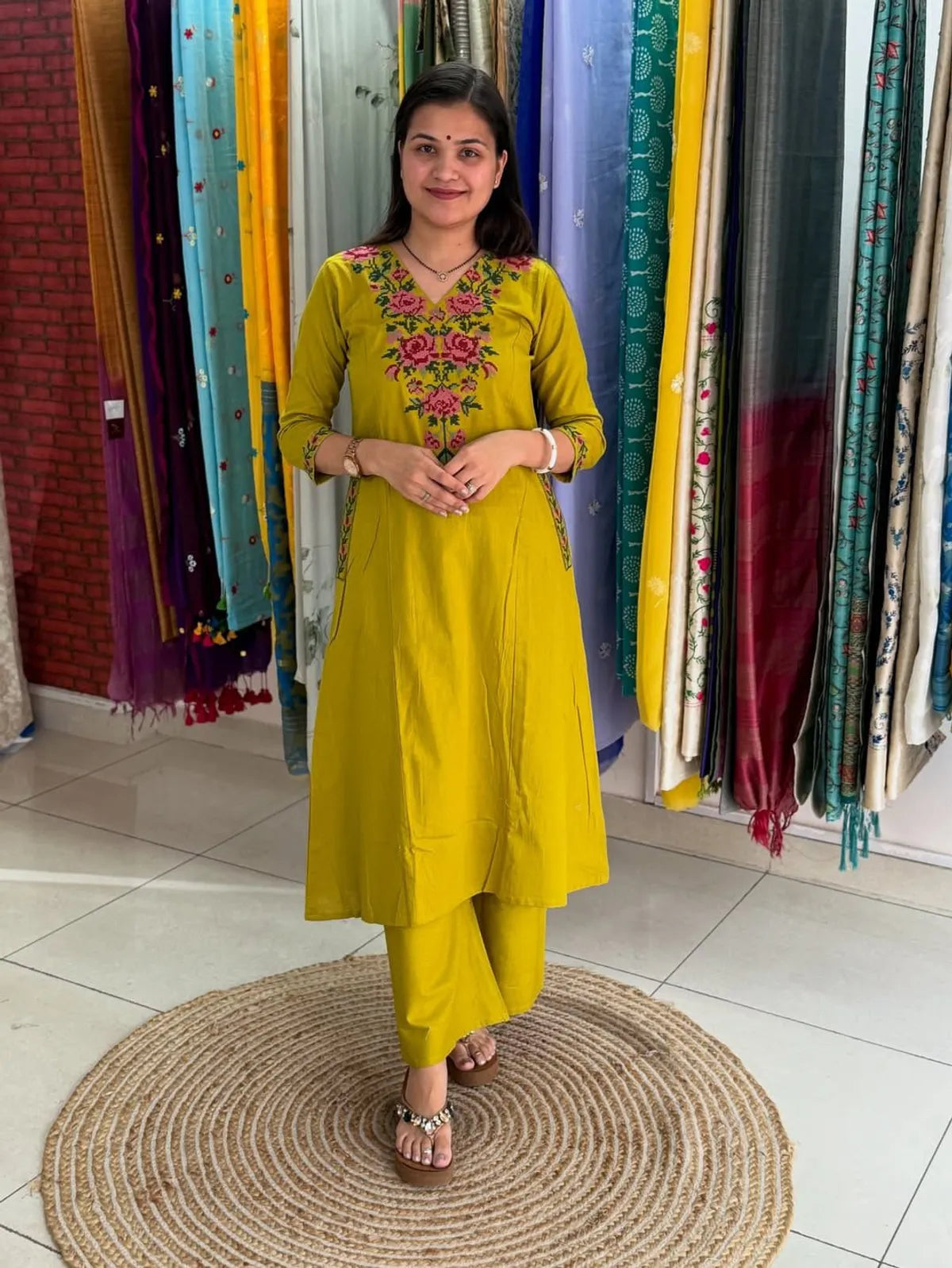 Jaipuri Mustard Yellow Embroidered Kurta Pant Set for Women