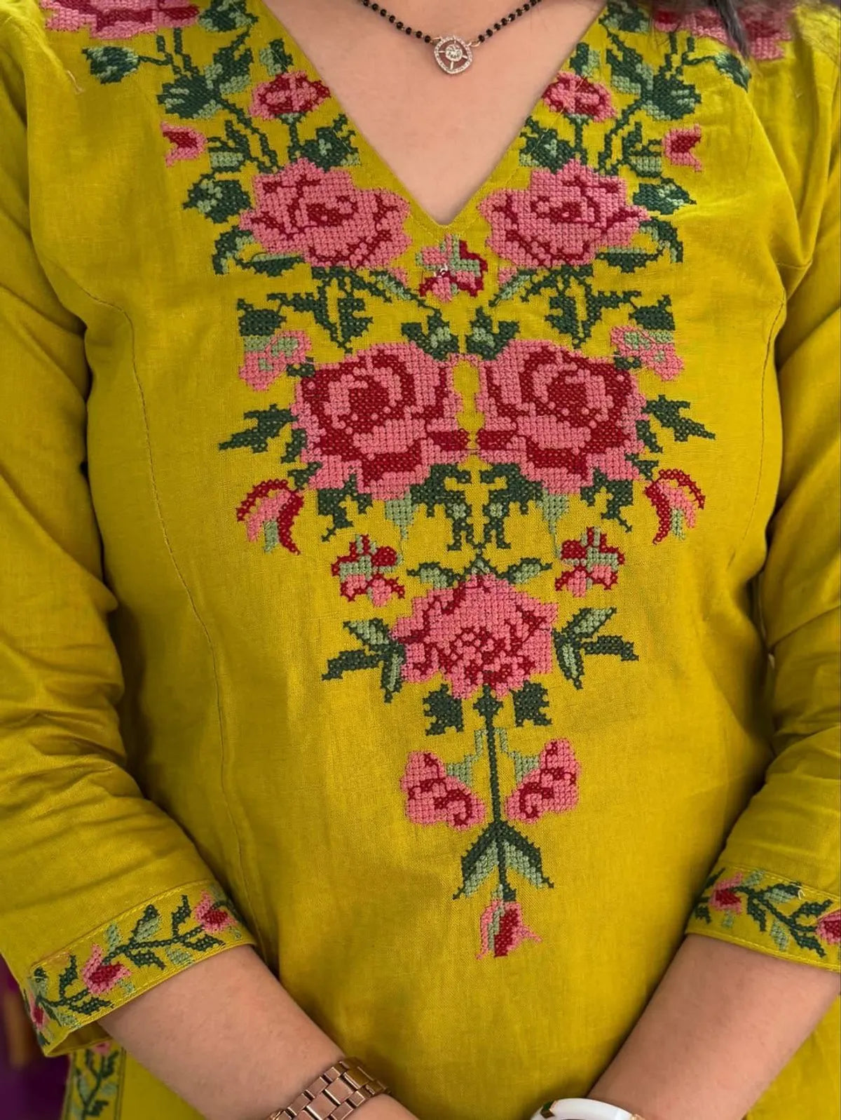 Jaipuri Mustard Yellow Embroidered Kurta Pant Set for Women