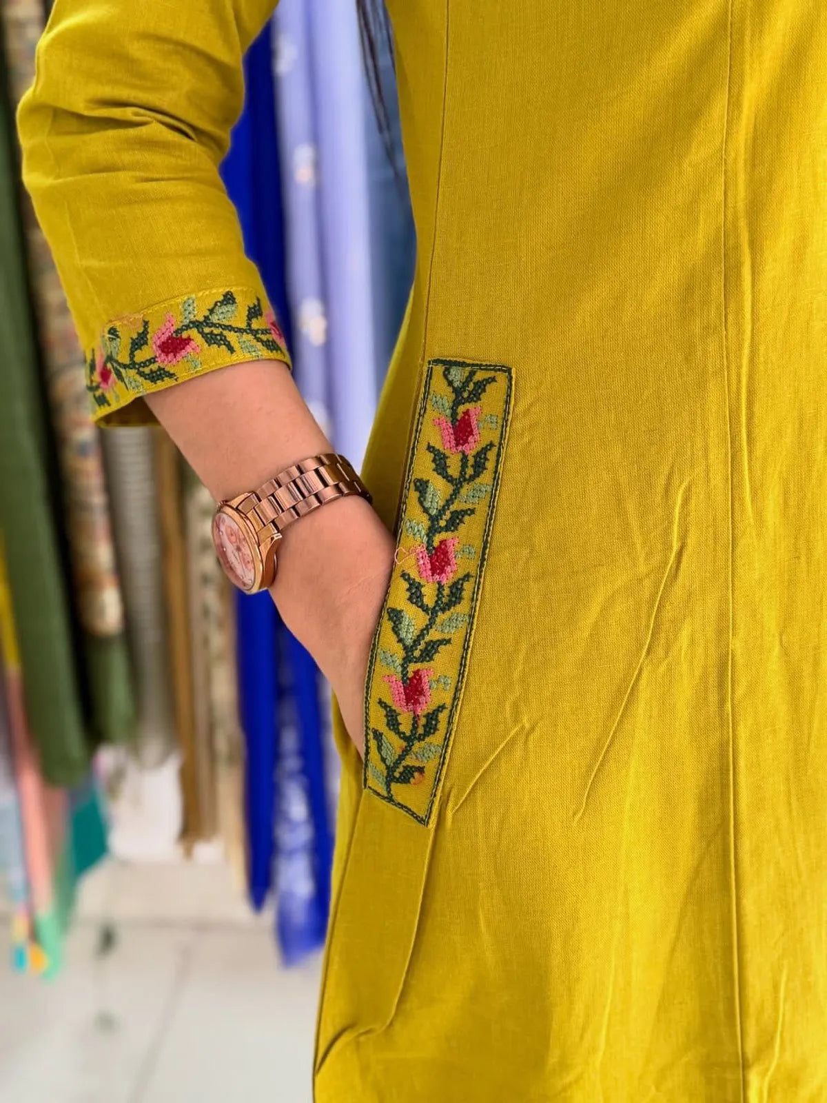 Jaipuri Mustard Yellow Embroidered Kurta Pant Set for Women