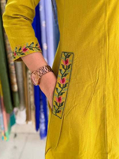 Jaipuri Mustard Yellow Embroidered Kurta Pant Set for Women