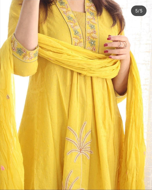 Women Yellow Nri Embroidery Cotton Kurta Pant And Dupatta Set