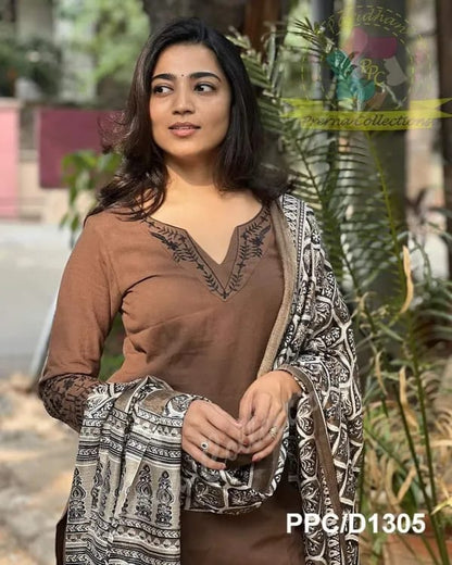 Coffee Brown Embroidered Cotton Kurti With Pant And Khaddar Silk Digital Print Dupatta