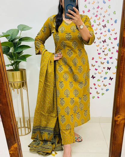 Printed Mustard Kurta and Dupatta Set for Daily Elegance