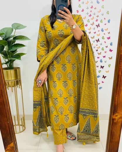 Printed Mustard Kurta and Dupatta Set for Daily Elegance