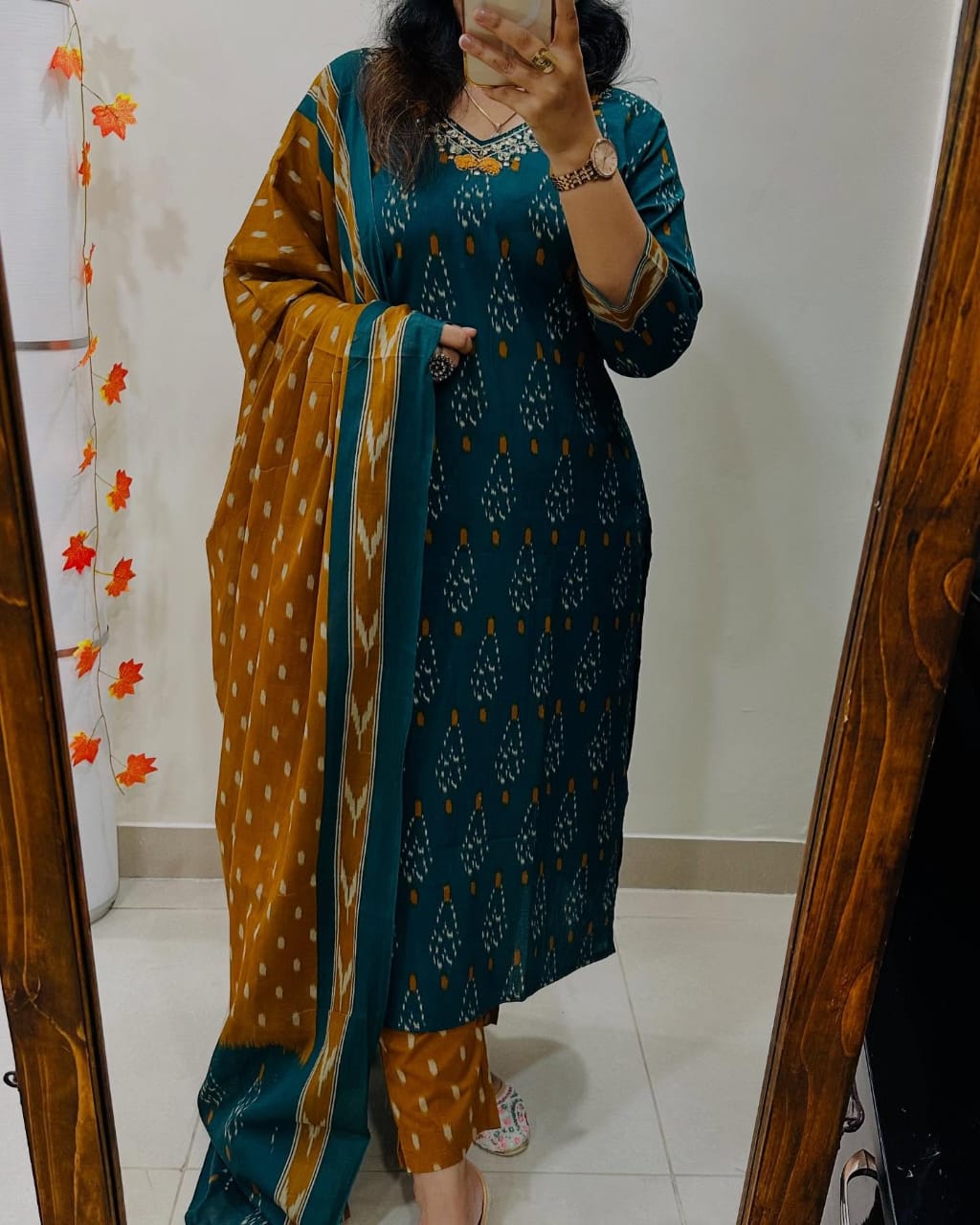 Teal And Mustard Ikat Print Suit Set