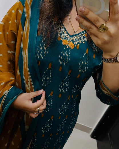 Teal And Mustard Ikat Print Suit Set