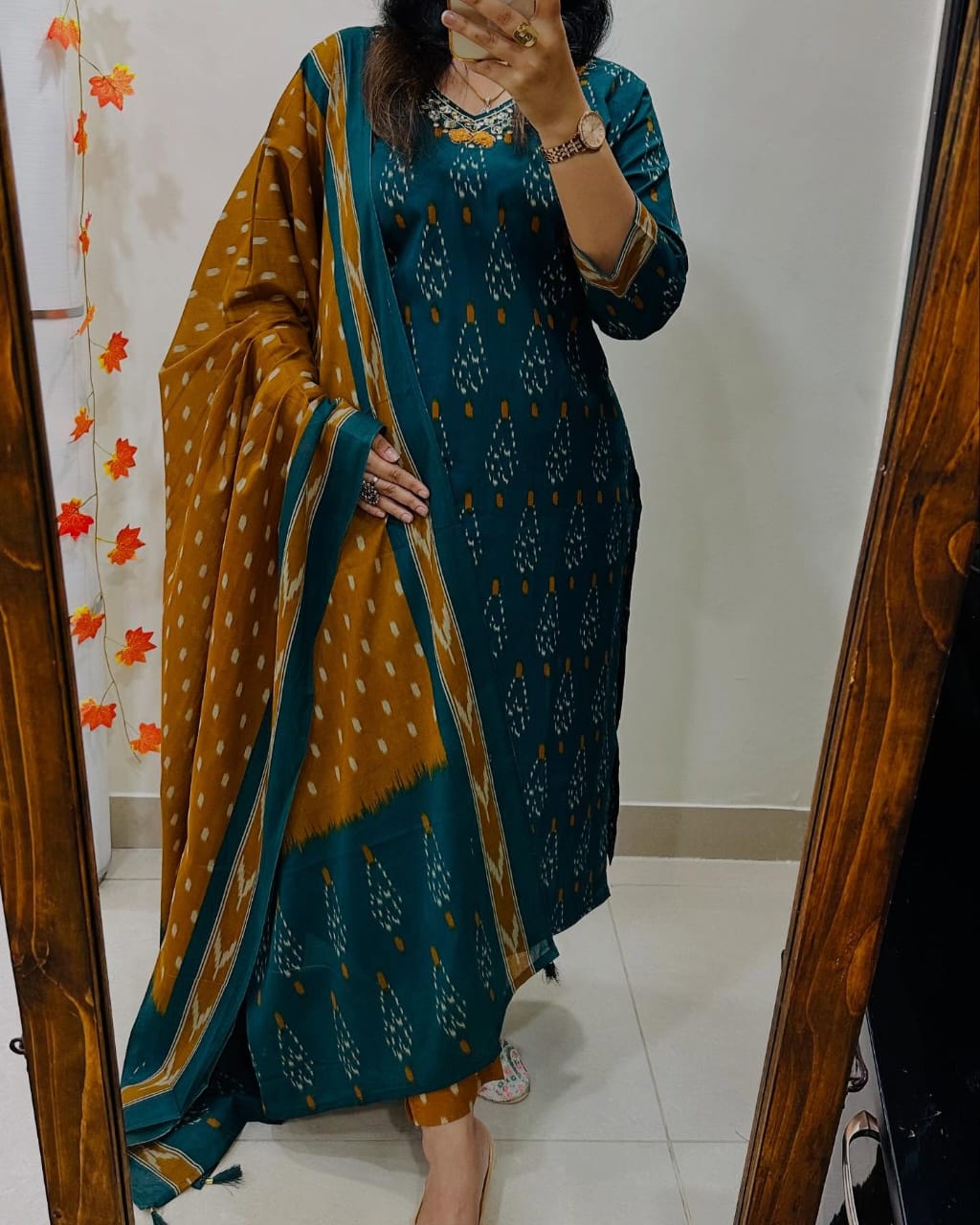 Teal And Mustard Ikat Print Suit Set
