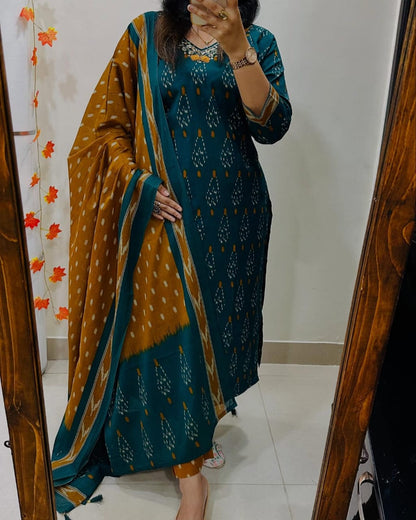 Teal And Mustard Ikat Print Suit Set