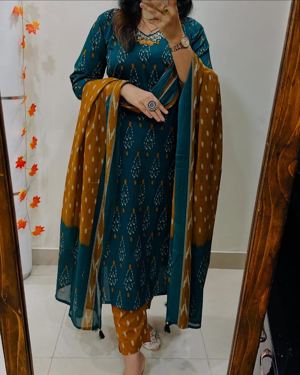 Teal And Mustard Ikat Print Suit Set