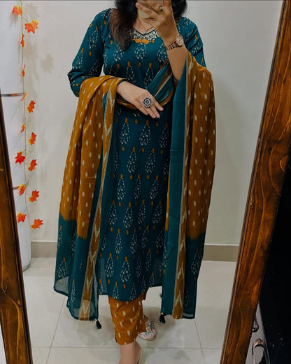 Teal And Mustard Ikat Print Suit Set