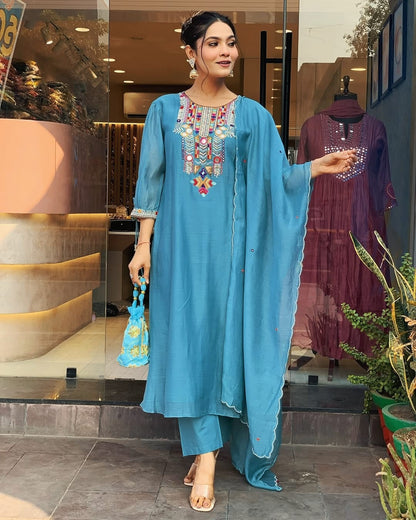 Teal Blue Kurta Set with Multicolor Embroidered Yoke