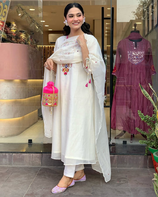 Elegant White Kurta Set with Multicolor Embroidery and Dupatta