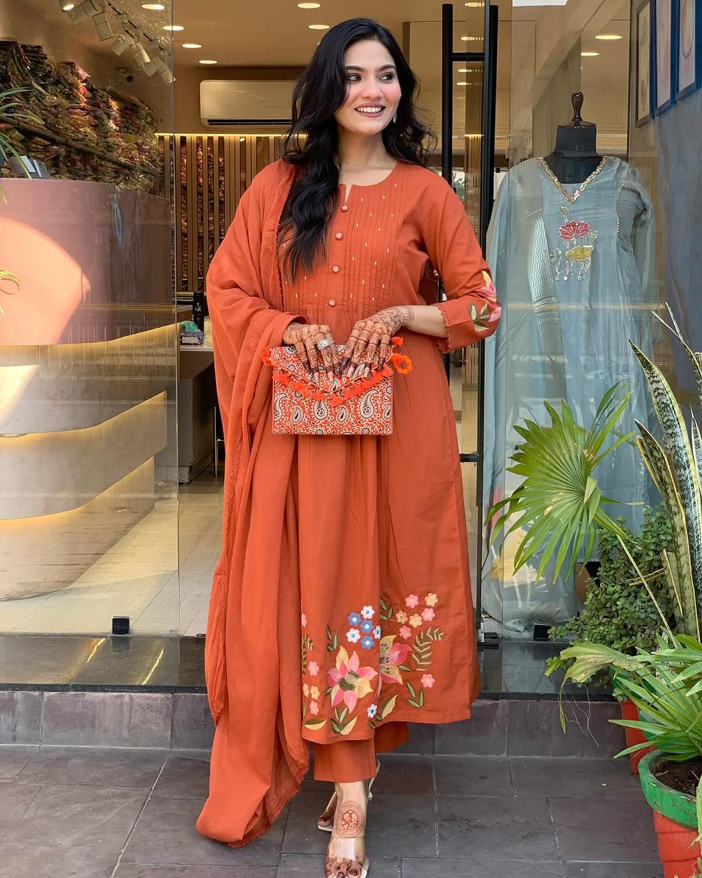 Rust Orange Floral Kurta Set with Dupatta