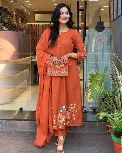 Rust Orange Floral Kurta Set with Dupatta