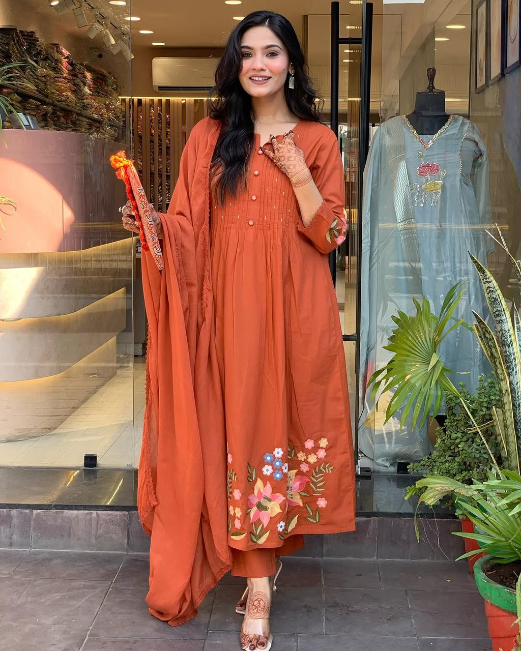 Rust Orange Floral Kurta Set with Dupatta