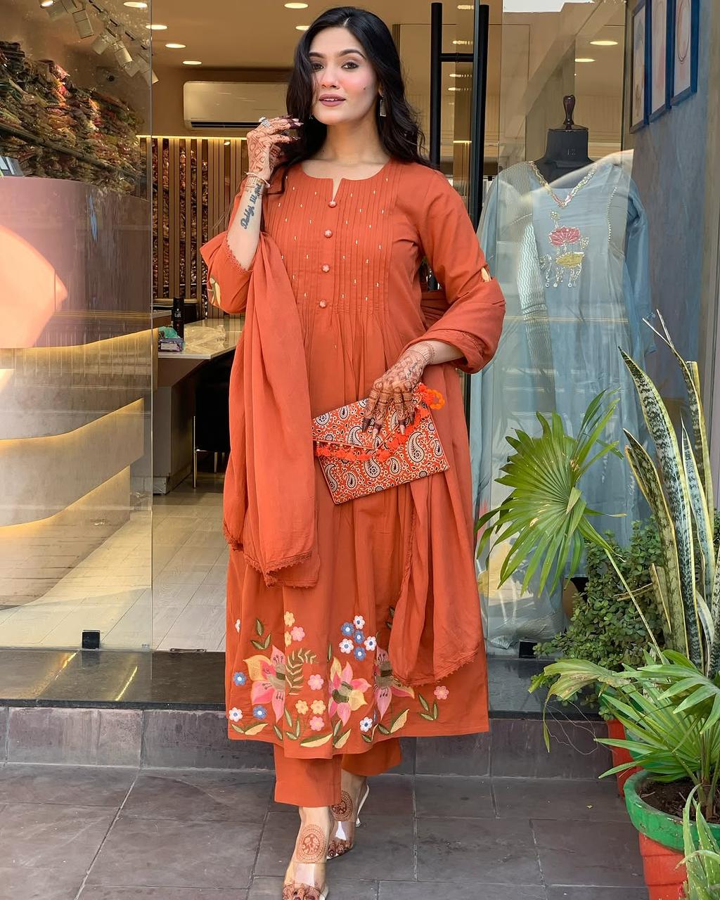Rust Orange Floral Kurta Set with Dupatta