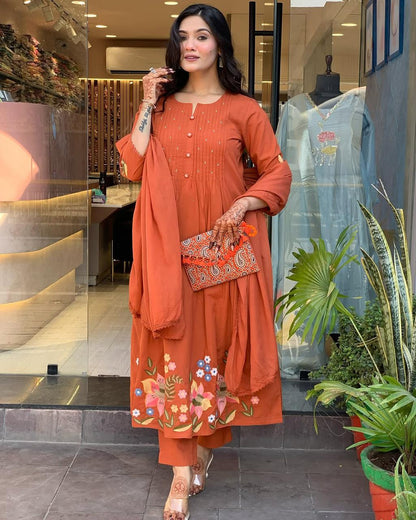 Rust Orange Floral Kurta Set with Dupatta