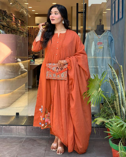 Rust Orange Floral Kurta Set with Dupatta