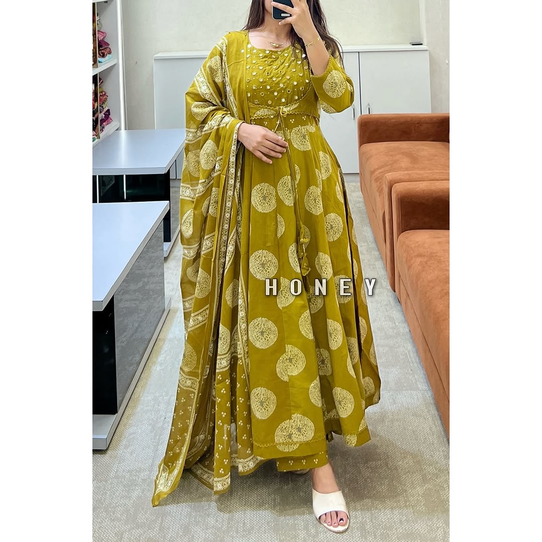 Mustard Yellow Mirror Work Anarkali Suit Set