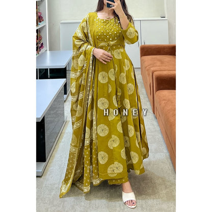 Mustard Yellow Mirror Work Anarkali Suit Set