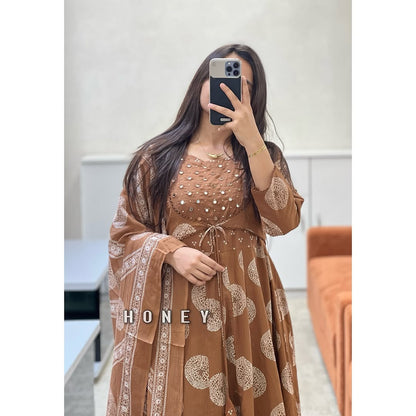 Coffee Brown Mirror Work Anarkali Suit Set