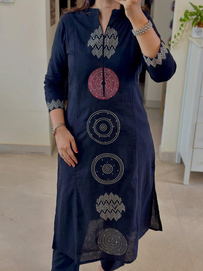 Elegant Navy Blue Cotton Kurta with Geometric Embroidery Detailing