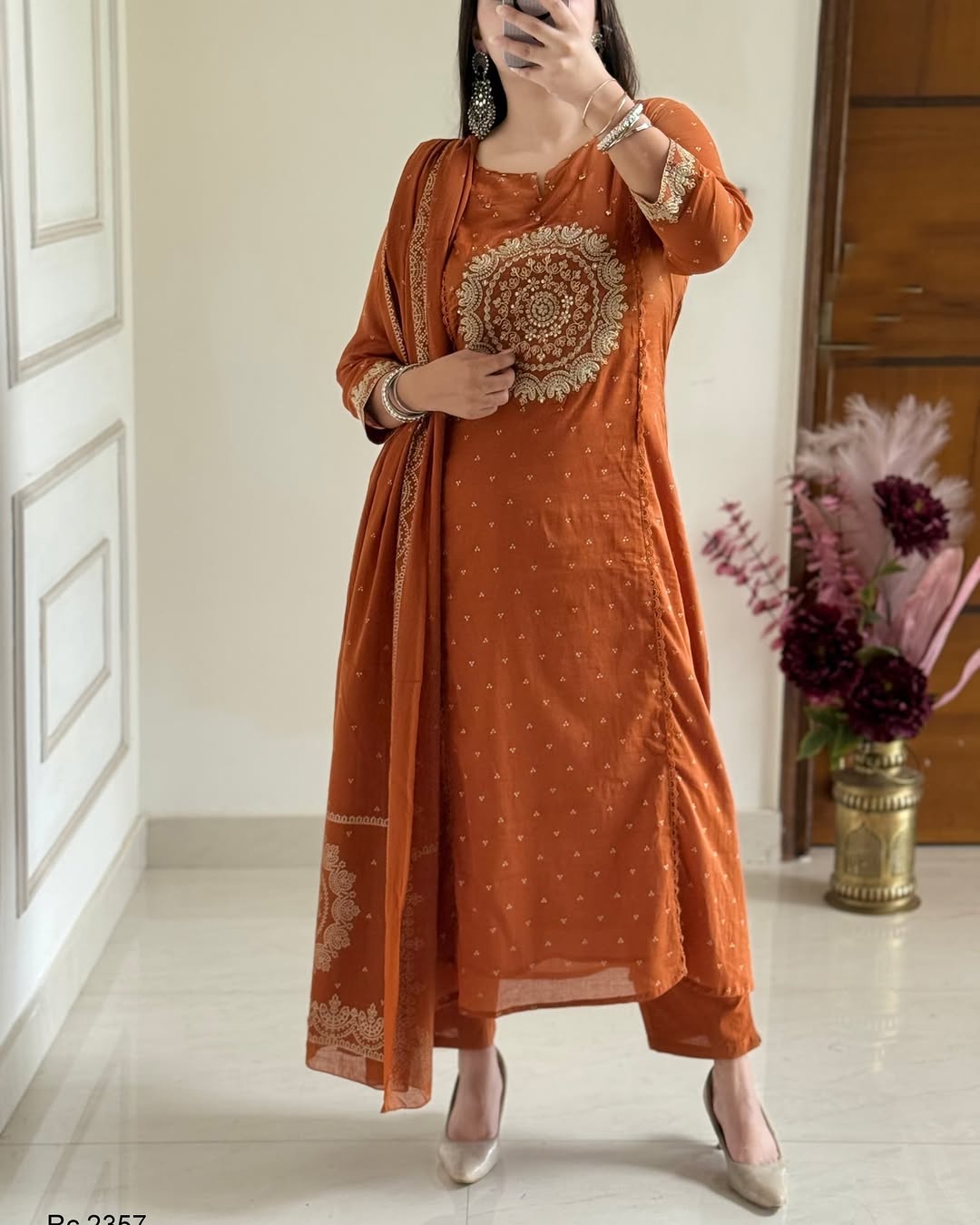 Rust Orange Embroidered Kurta Set with Dupatta