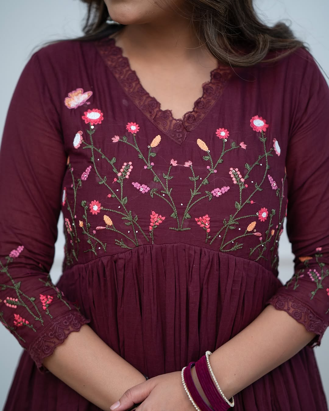 Wine Floral Hand-Embroidered Anarkali Set