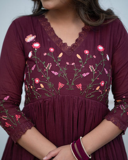 Wine Floral Hand-Embroidered Anarkali Set