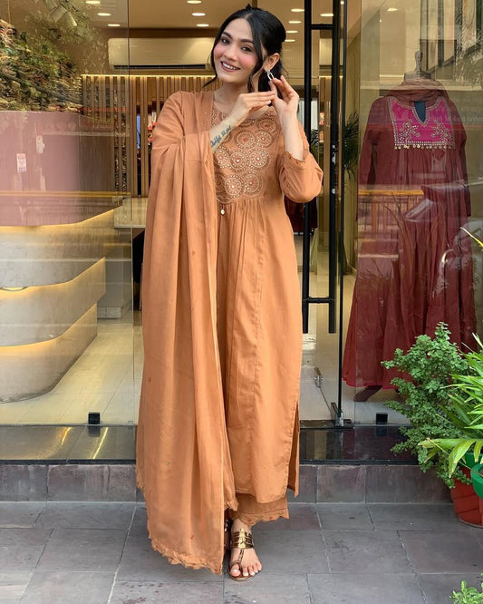 Caramel Brown Embroidered Anarkali Kurta Set with Dupatta