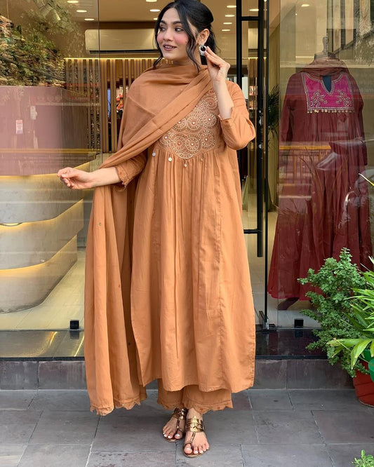 Caramel Brown Embroidered Anarkali Kurta Set with Dupatta