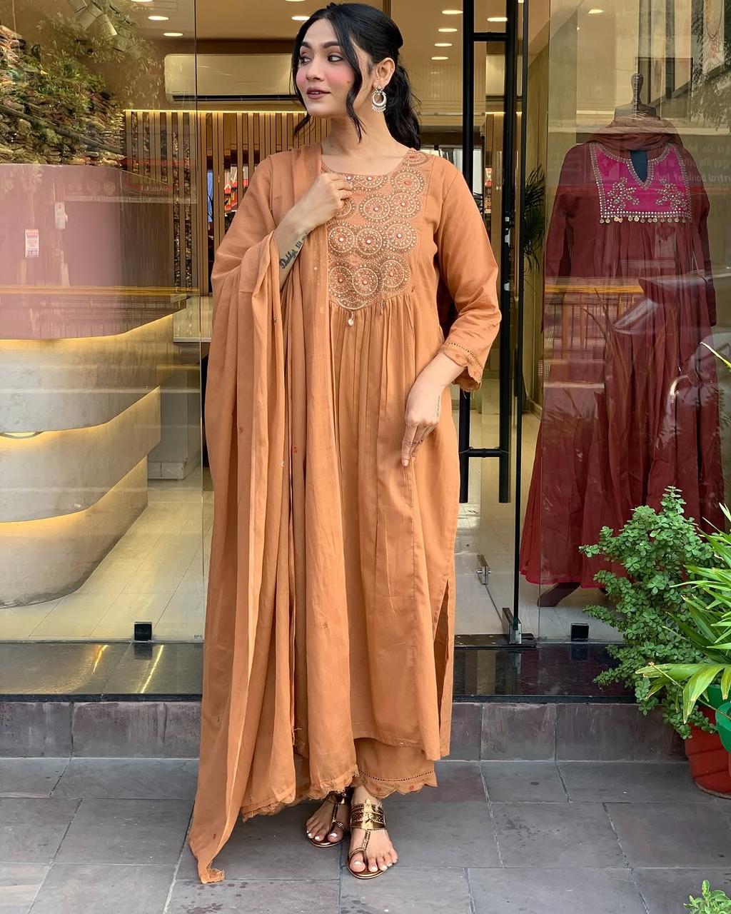 Caramel Brown Embroidered Anarkali Kurta Set with Dupatta