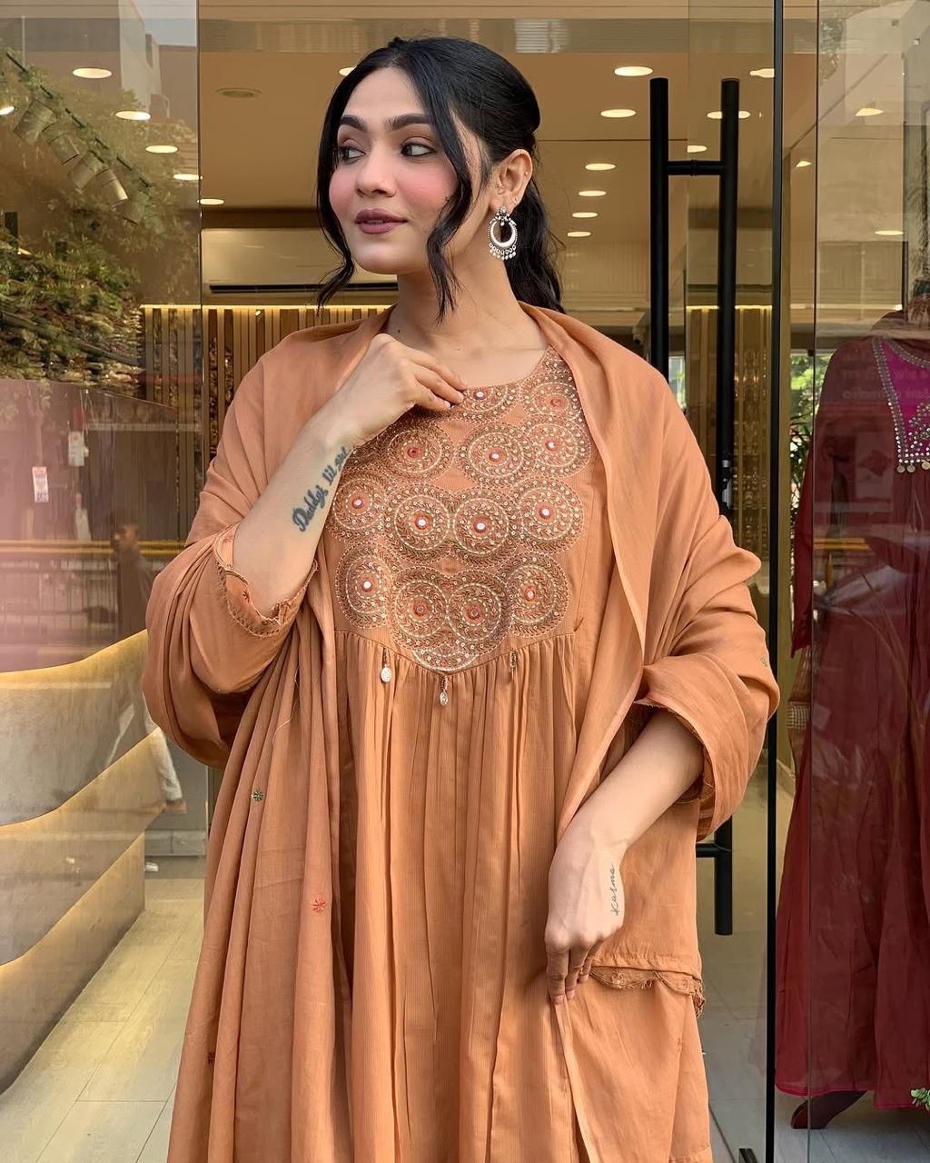 Caramel Brown Embroidered Anarkali Kurta Set with Dupatta