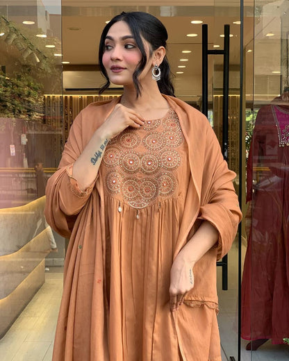 Caramel Brown Embroidered Anarkali Kurta Set with Dupatta