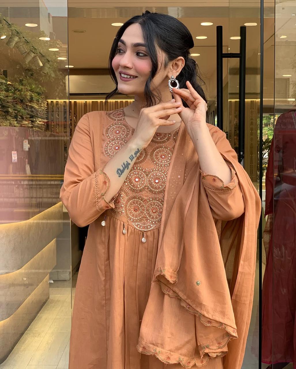 Caramel Brown Embroidered Anarkali Kurta Set with Dupatta
