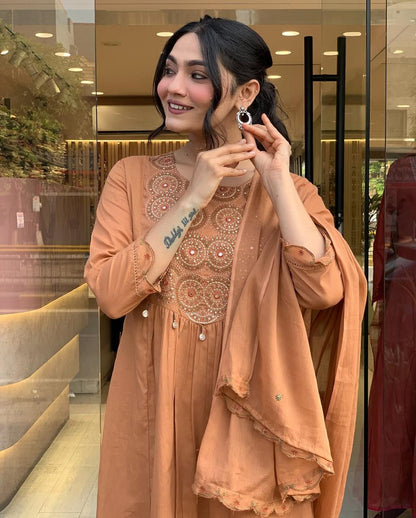 Caramel Brown Embroidered Anarkali Kurta Set with Dupatta