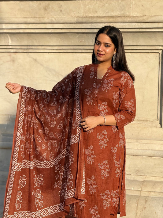 Terracotta Handblock Printed Cotton Suit Set